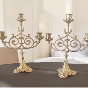 Vtg Solid brass pair of church 3 Candleholders . Unique Candelabra